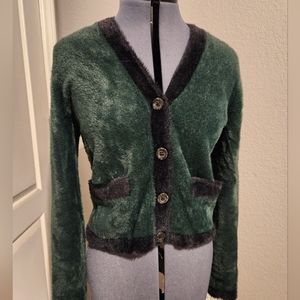 EUC Ann Taylor  fuzzy green and black Cardigan